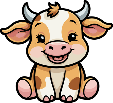 Happy cute calf cow cartoon illustration on transparent background for animals, farming, children book, sticker, moo, character, logo, funny, livestock, countryside, nature, mascot, nursery decor png