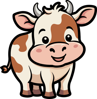 Friendly cow cartoon smiling illustration on transparent background for calf, animals, farming, children book, sticker, character, drawing, livestock, countryside, nursery, mascot, agriculture png