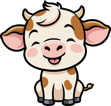 Adorable baby calf cow cartoon smiling illustration on transparent background, funny cow cartoon for animals, farming, children book, sticker, character, logo, funny, mascot, countryside, kids png