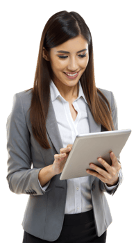 Business woman using a tablet, managing her tasks png