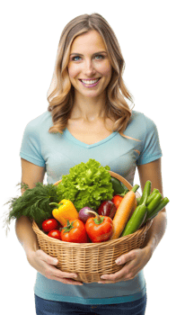 Woman holding a basket of fresh vegetables png