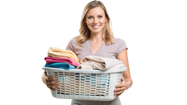 Smiling woman holding a stack of folded laundry png