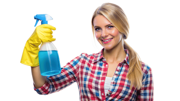 Woman holding cleaning supplies, ready to clean png