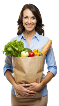 Woman holding a grocery bag filled with fresh produce png