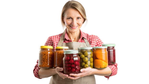 Smiling woman holding jars of homemade jams png
