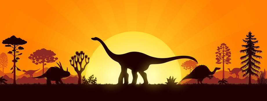 Giant dinosaur silhouettes, Jurassic era sunset vector