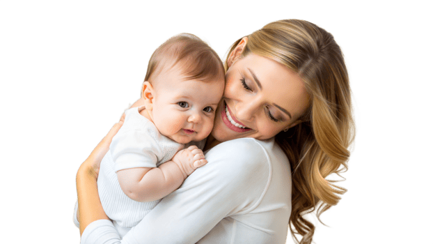 Smiling mother holding her baby close png