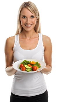 Woman holding a salad, promoting healthy eating png