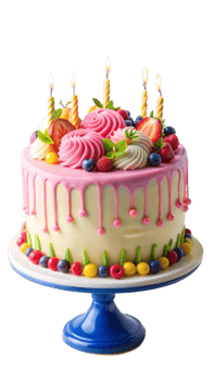 Birthday cake on a stand with colorful decorations png