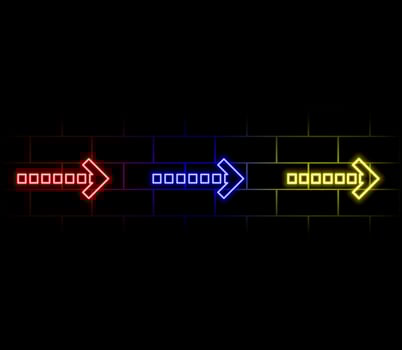Bright blue neon light arrows pointing to the right. 3D rendering of glowing neon arrows on a black background. Flashing direction indicators. vector
