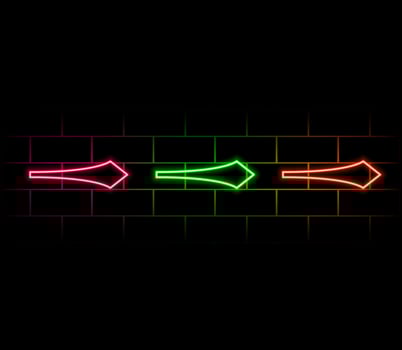 Red neon arrow with glowing effect. arrow sign, Safety type. 3D rendering, realistic isolated neon sign of Arrow logo decoration and template covering on the black background. vector