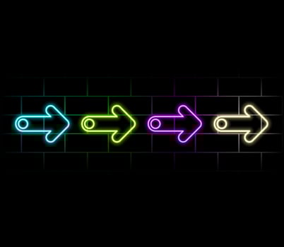 Neon sign Arrow Left purple on brick wall background. Vintage electric signboard with bright neon lights. Neon symbol pointer light. Bar or Cafe with coffee. Night Club Drink. illustration vector