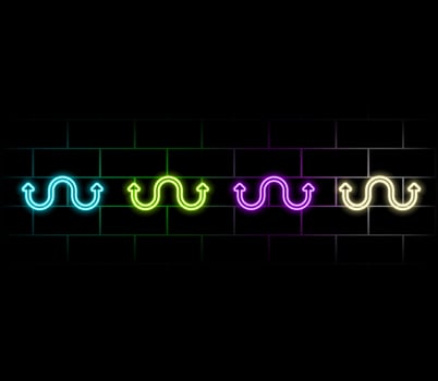 3d render, abstract minimalist geometric background. Glowing neon arrow points right, direction symbol vector