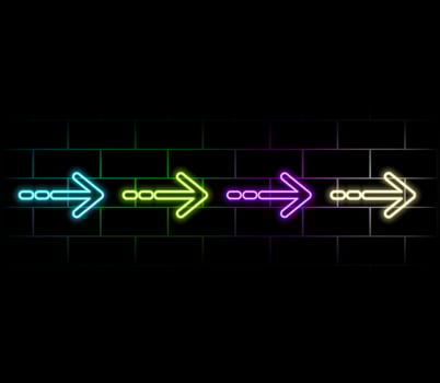 Abstract background with neon lights of green blue pink violet colors glowing in arrowhead lines pattern on shiny reflecting stage vector