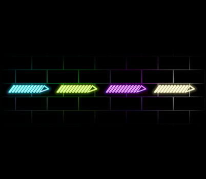 Two neon indicators on brick wall. Download and next symbol. Colorful pointer. Bright flyer. Simple arrow. Glowing poster. Editable stroke. stock vector