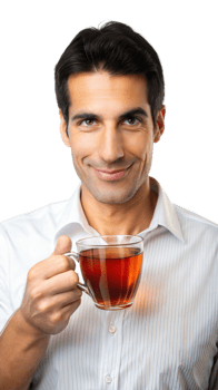 Man smiling while holding a cup of tea png