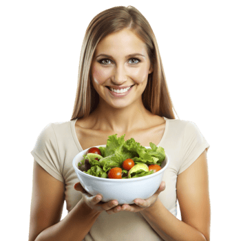 Woman holding a bowl of fresh salad and smiling png