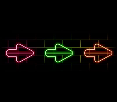 3d rendering, abstract minimalistic colorful background. Two opposite neon arrows approaching, linear graphics. Opposition concept. green, red, yellow, pink, blue, orange vector