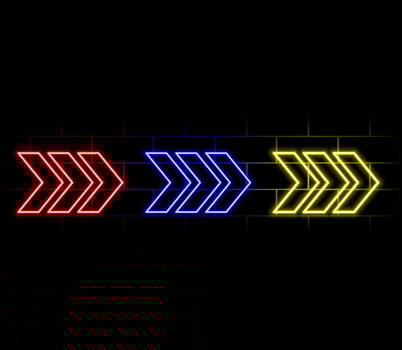 Futuristic Sci-Fi Arrow Shaped Neon Tube Vibrant Purple And Blue Glowing Lights On 3d Tilted space with reflection in Empty Space illustration. vector