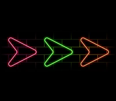 Neon arrow sign. Set of red futuristic glowing neon arrow pointer on brick wall background vector