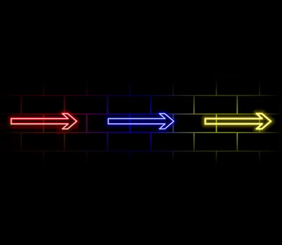 Futuristic Sci Fi Modern Neon Pink Blue Gradient Glowing Arrow Frame for Banner on Dark Empty Grunge Brick Background. Retro Neon Sign vector