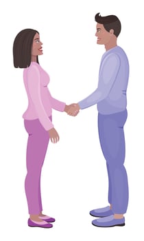 Woman and man handshake, colorful illustration, cute flat characters, trendy people, color illustration vector
