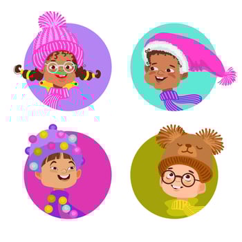 Set of winter portrait avatars. Happy cartoon kids. Flat illustration. vector