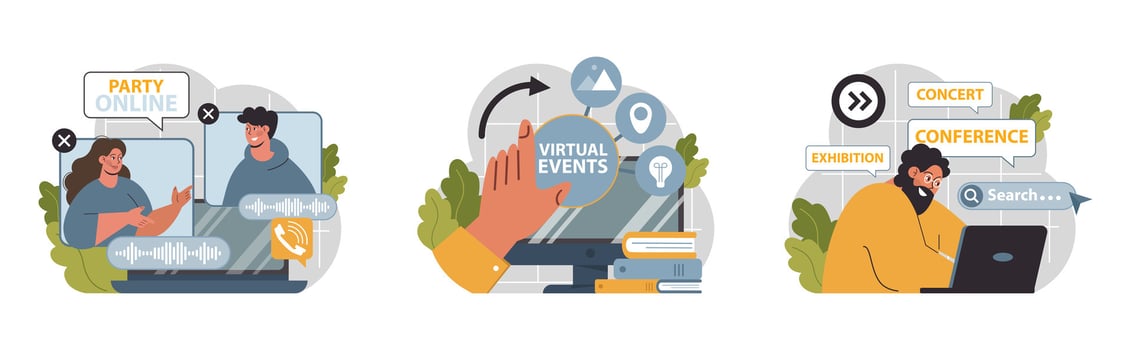 Virtual events set. Online education, conference, exhibition, friends vector