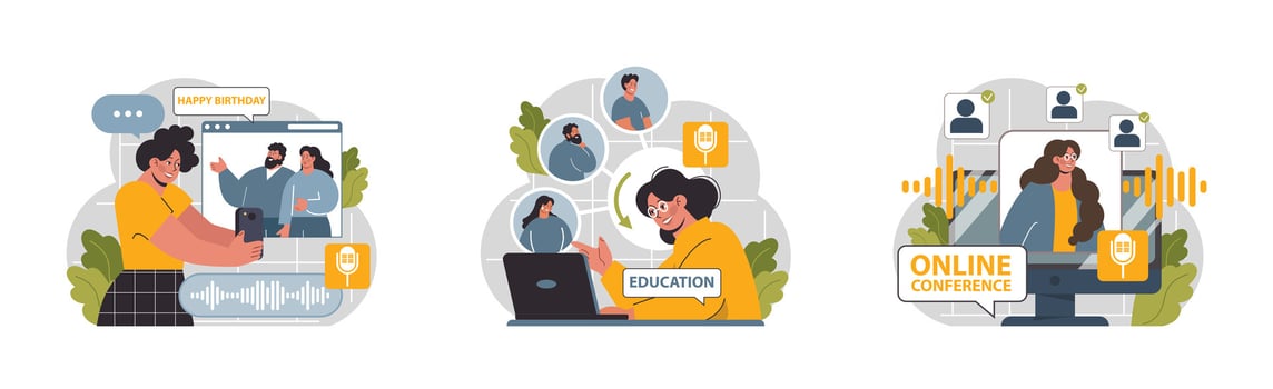 Virtual events set. Online education, conference, exhibition, friends vector