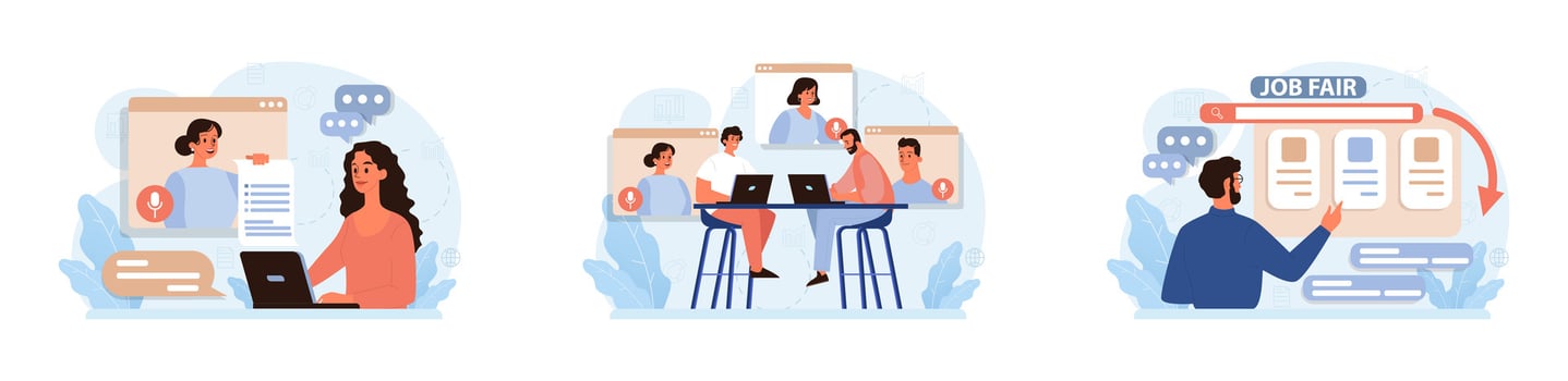 Virtual events set. Online education, conference, exhibition, friends vector