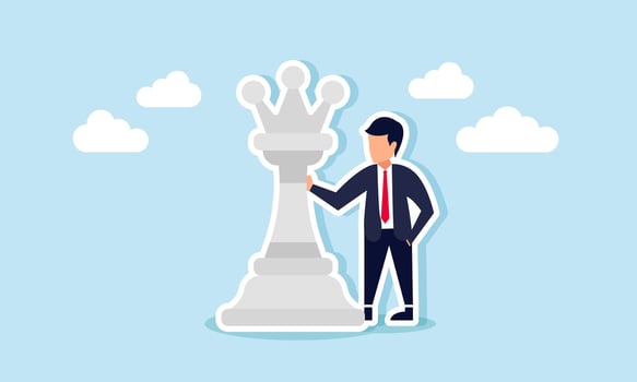 A businessman holding onto a king chess piece, illustration of Someone who feels secure due to connections with a boss or a powerful superior vector