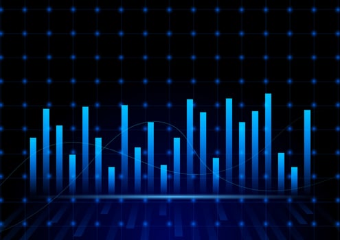 Stock and investment concept. A bar and line graph on dark blue background. Burish market, profit of wealth, high-risk high return, business growth up. vector