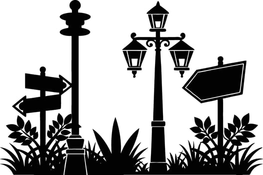 Silhouette Park Scene Lampposts, Signs, Plants, and Pathway vector