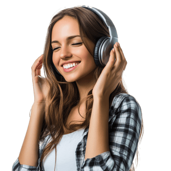Young woman enjoying music with headphones on, transparent png