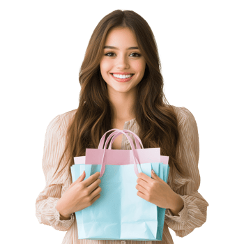 Happy woman holding colorful shopping bags indoors, transparent png
