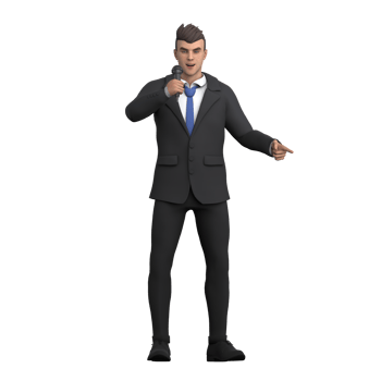 3D Professional Lawyer Character. A male lawyer is giving a presentation confidently while holding a microphone, showing a firm and authoritative attitude. Male Attorney png