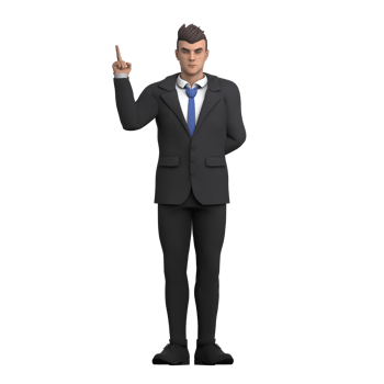Cartoon Male Lawyer. A male lawyer stands with his hands behind his body while his right finger points, as if he wants to convey a point in a presentation. 3D Law Professional png