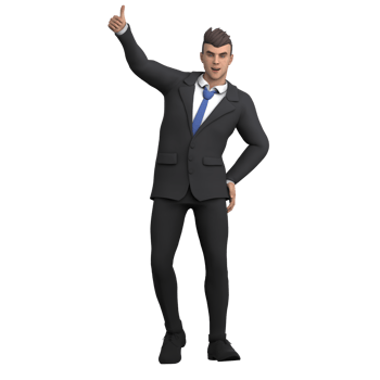 Animated Male Lawyer. A male lawyer stands with his left hand on his hip and his right hand raised while giving a thumbs up, as if approving a presentation. 3D Legal Professional png