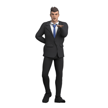Cartoon Style Court Lawyer. A lawyer stands with his right hand on his waist while his left hand is raised forward with the palm facing up. 3D Male png