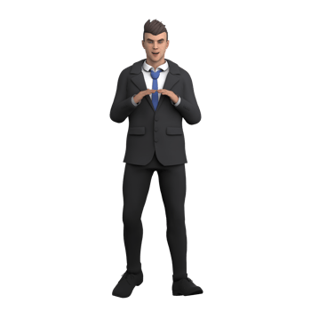 3D Cartoon of Male Lawyer. A male lawyer with both hands in a triangular position in front of his body, which depicts a calm and structured attitude. Professional png