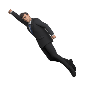 Professional Lawyer in 3D. A male lawyer flying in superhero-like style, complete with a fist-pumping pose png