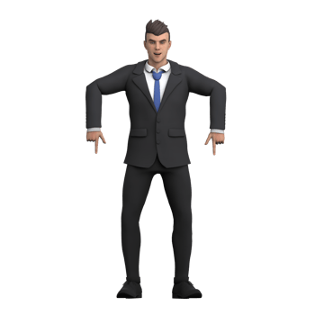 3D Urban Male. A male lawyer stands with both hands parallel to his shoulders and his index finger pointing down png
