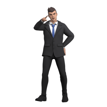 Legal Professional Male. A male lawyer stands with his right hand pointing to his head while his left hand is on his waist. 3D Lawyer Cartoon png