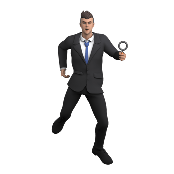 3D Male Lawyer Character in Action. A male lawyer runs with his left hand holding a magnifying glass. Professional png