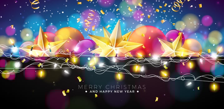 Merry Christmas and Happy New Year Illustration with Gold Star, Glass Ball, Lights Garland and Falling Confetti on Blue Background. Holiday Season Celebration Design for Greeting Card, Party vector