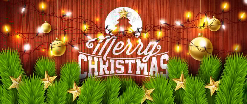 Merry Christmas and Happy New Year Illustration with Gold Glass Ball, Star, Pine Branch and Lights Garland on Vintage, Wood Background. Holiday Season Celebration Design for Greeting Card vector