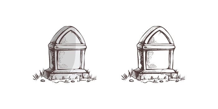 Old hand drawn murble stone tombstone. Rest in peace drawing illustration for funeral service, card or last farewell card. Sketch of grave or cemetery, resting place vector