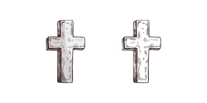 Old marble stone christ cross. hand drawn isolated illustration on white background. Sketch symbol of Jesus, death, cemetery, christianity, religion, faith, trust and resurrection vector