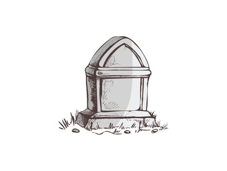 Old hand drawn murble stone tombstone. Rest in peace drawing illustration for funeral service, card or last farewell card. Sketch of grave or cemetery, resting place vector