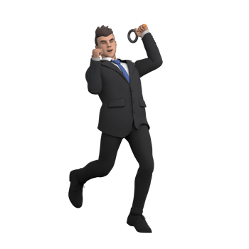 of 3D Male Lawyer. A male lawyer is seen raising one hand holding a magnifying glass. Professional Cartoon png